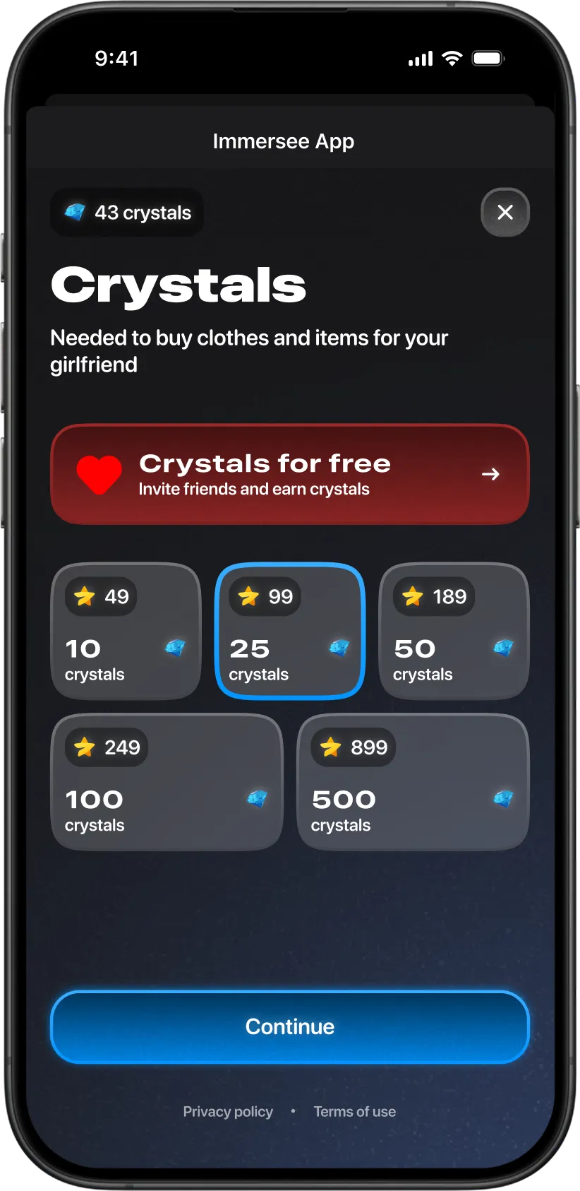 Crystals purchase screen in Immersee, showing in-app currency packages, referral entry point, and a dark glass-style Telegram mini app interface.