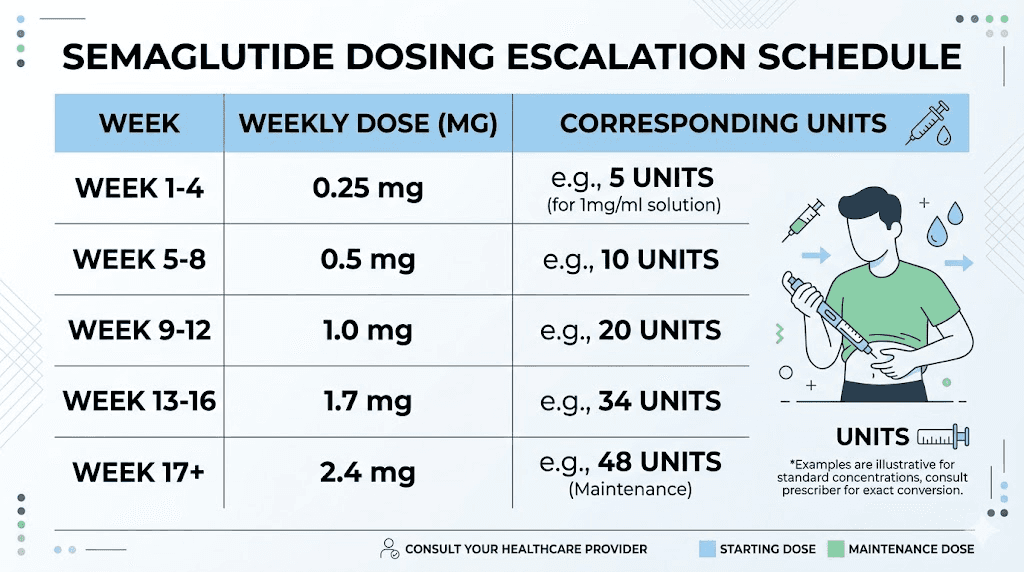 Semaglutide dosing escalation schedule from 0.25mg to 2.4mg weekly