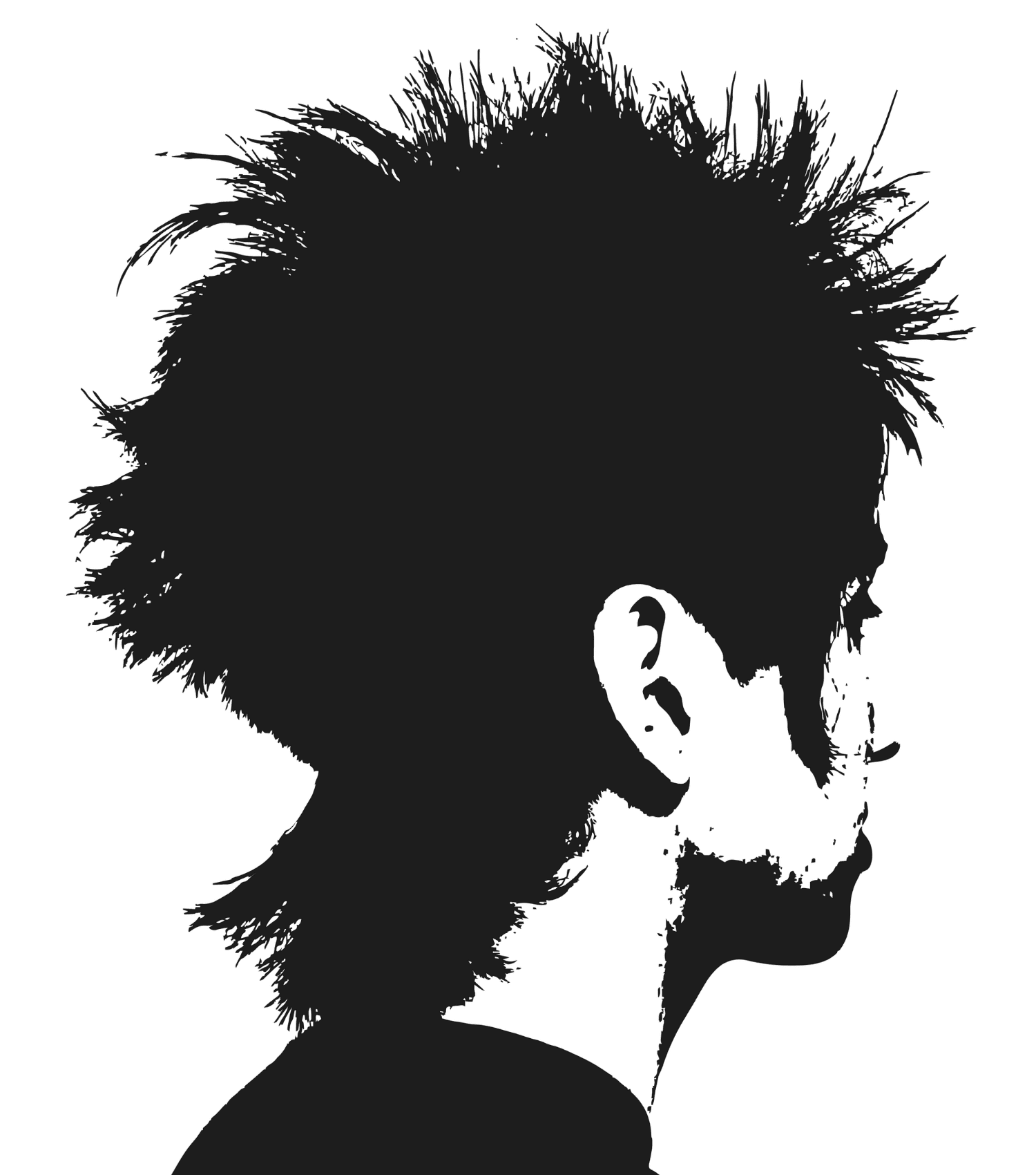 The image features a high-contrast, black and white illustration of a hair client, creating a dramatic and artistic effect.