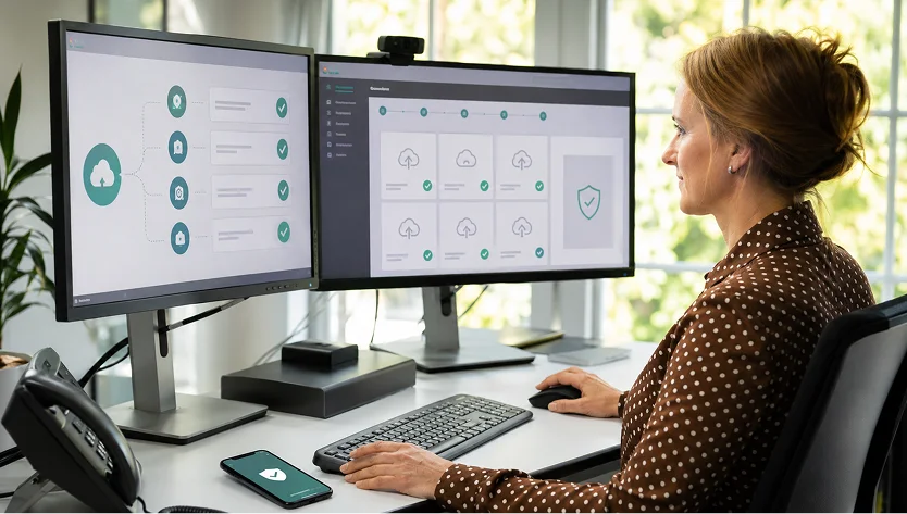 Mitarbeiterin arbeitet mit digitalen Auswertungen an zwei Bildschirmen