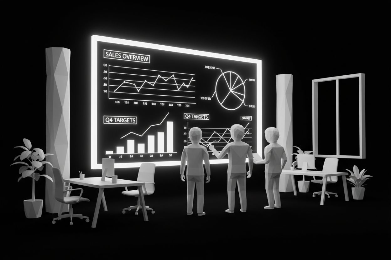 Tim pemasaran meninjau dashboard penjualan di kantor modern