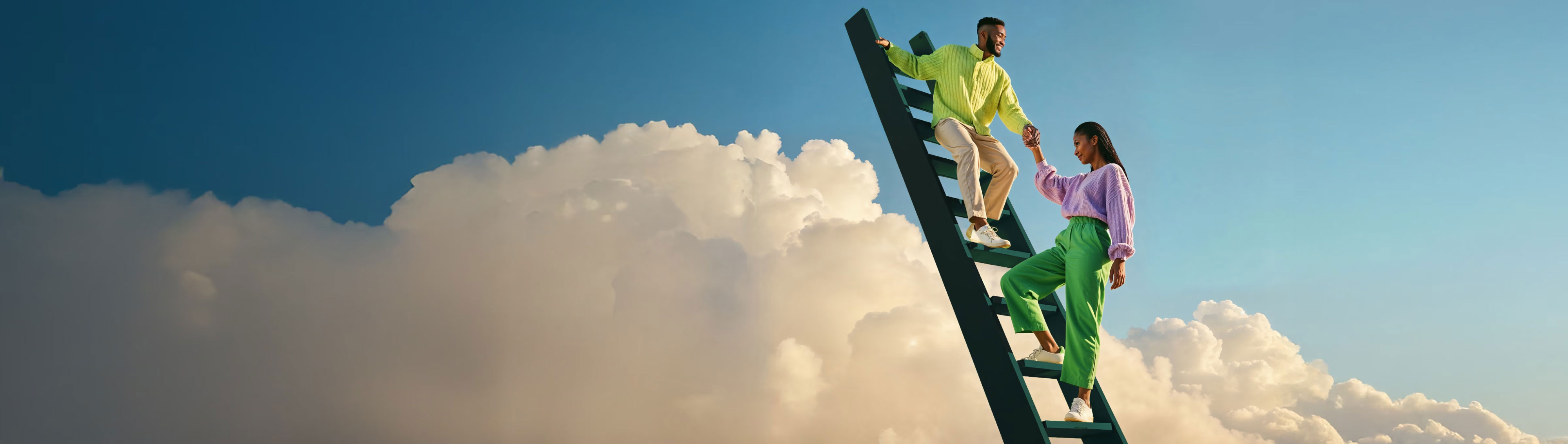 Two people helping each other climb higher, representing progress in creative AI and content workflows