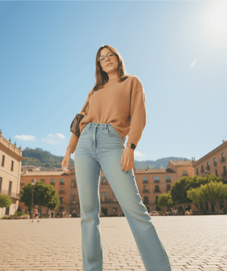 Fotografía de mujer posando y mostrando con orgullo la prenda de ropa adquirida.
