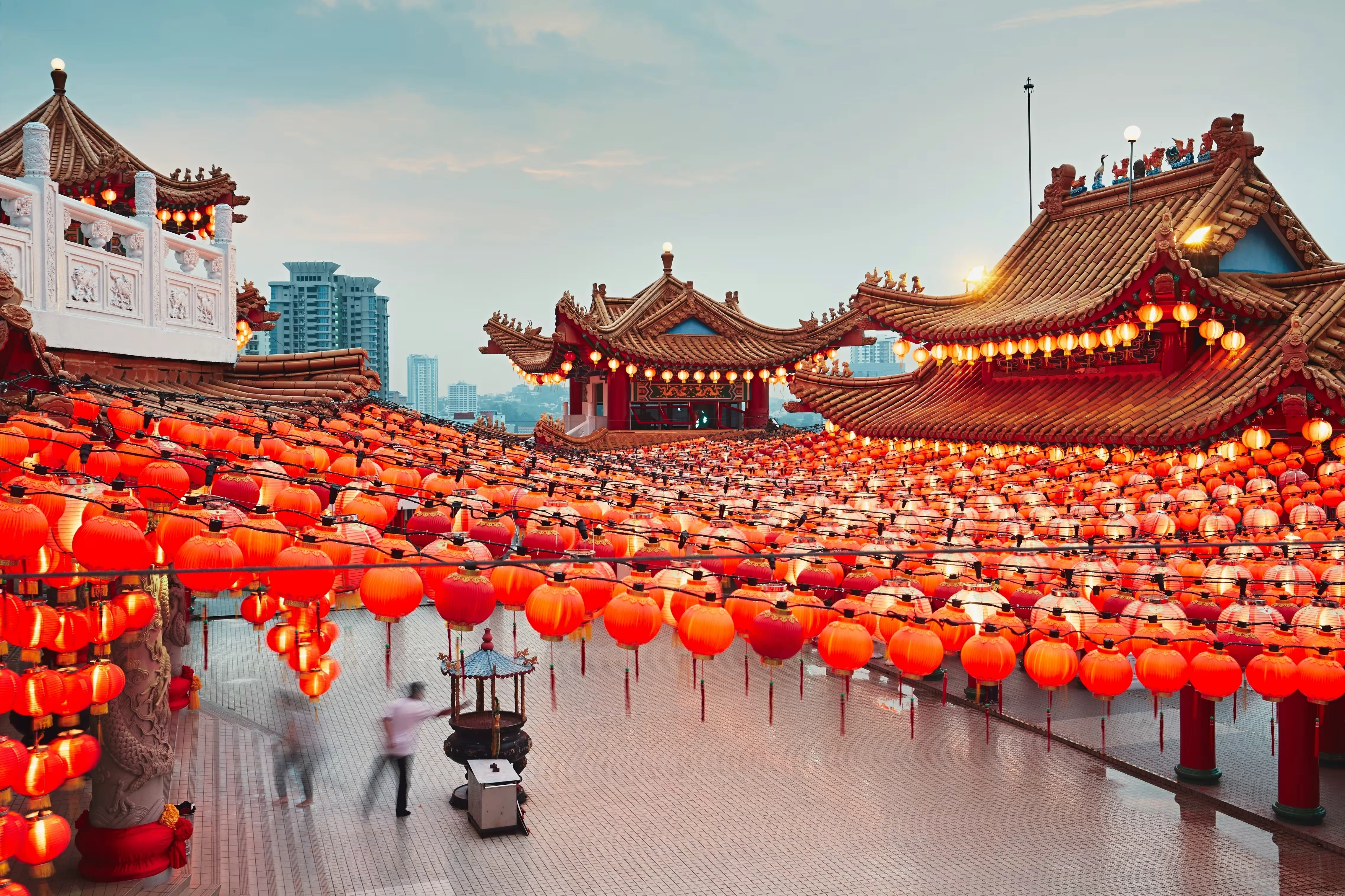 Lantern-filled Chinese temple courtyard