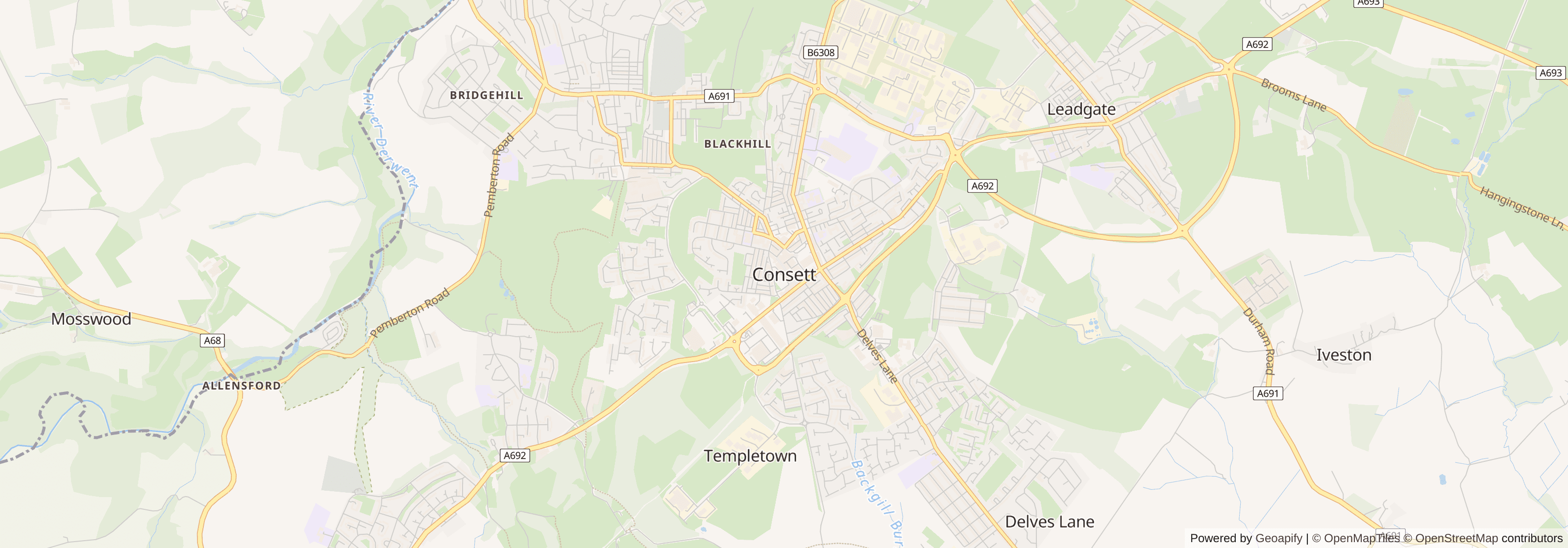 Street map of Consett, County Durham showing main roads and nearby areas