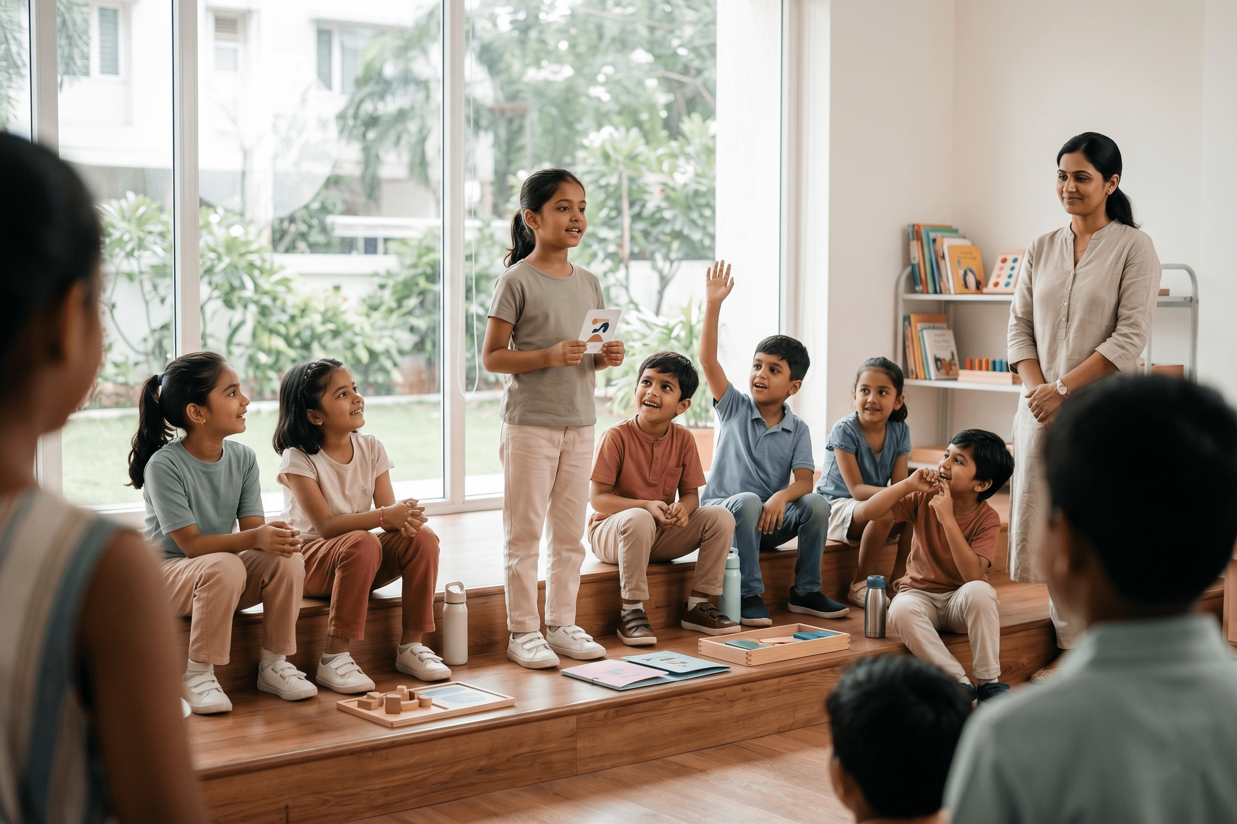 a group of children sitting on steps in front of a building