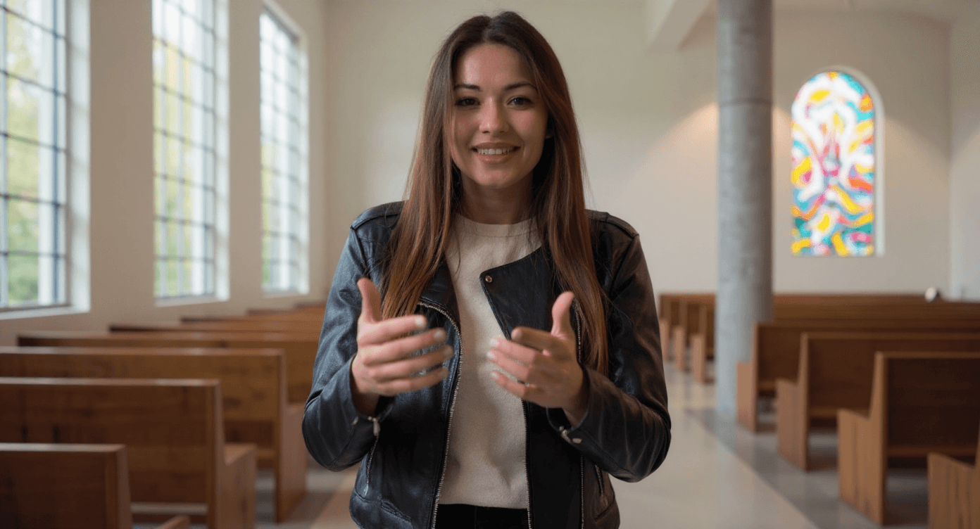 Show the subject smiling and gesturing naturally