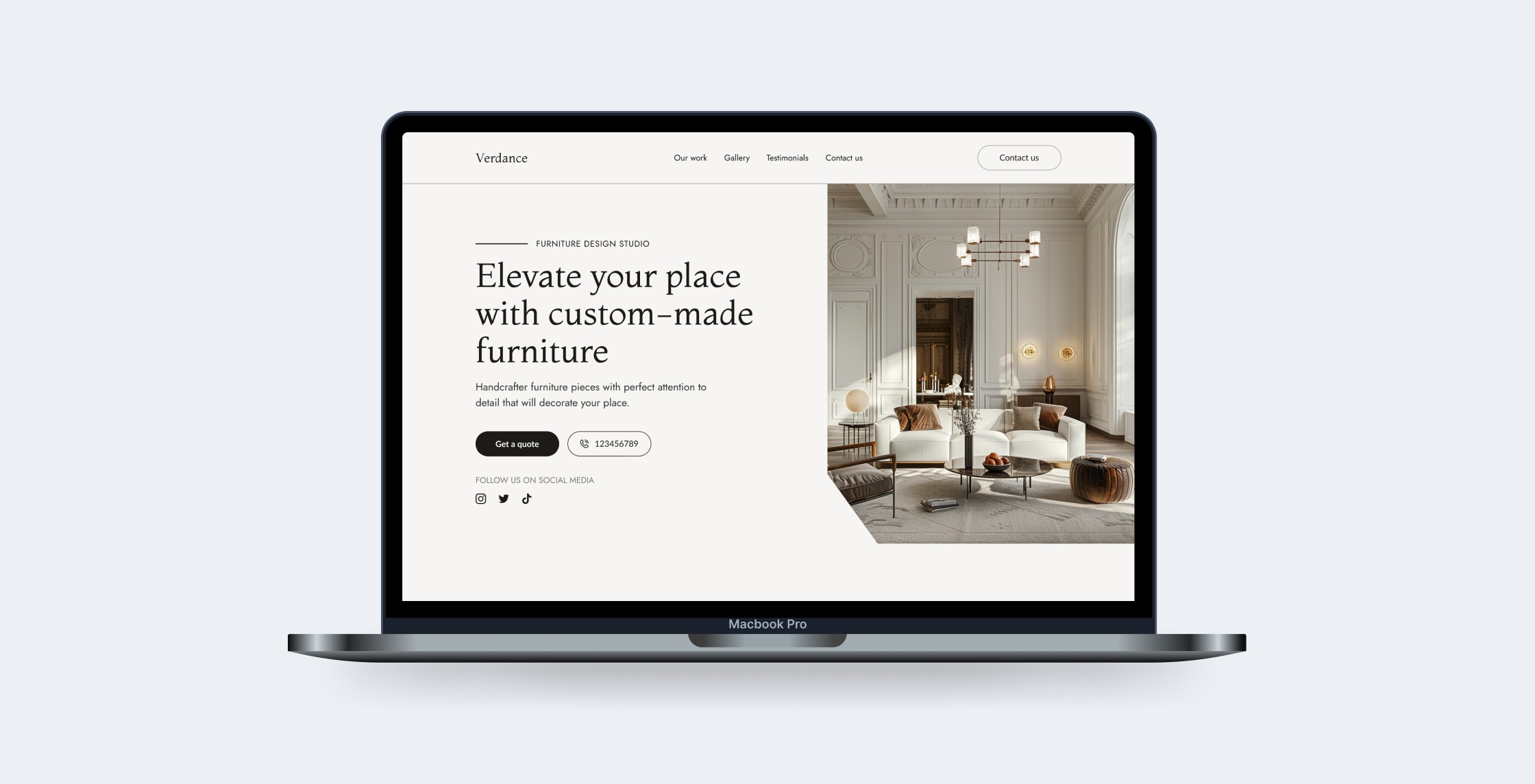 Mackbook mockup with Furtniture Design Studio Website Template