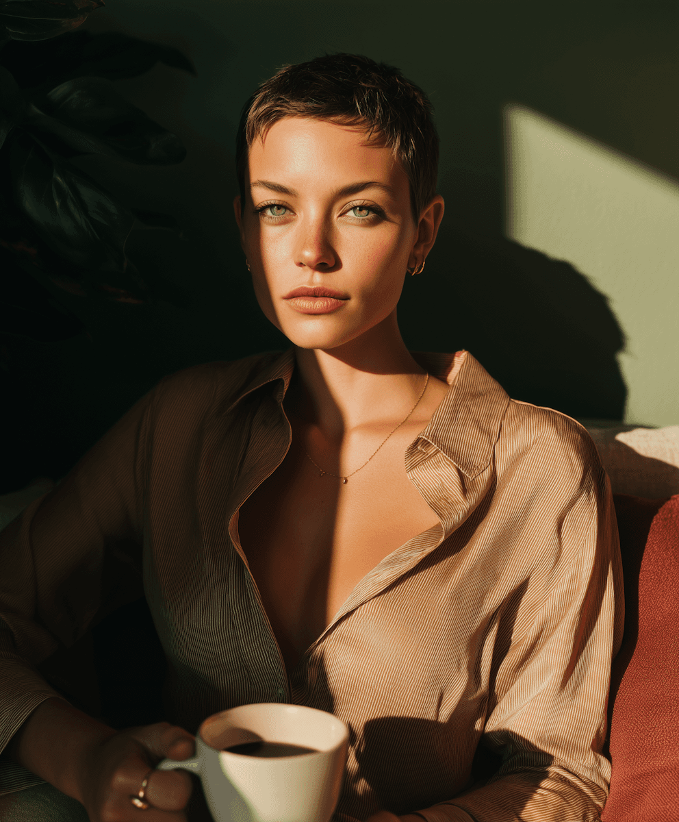 Sunlight highlights a woman with short hair holding coffee.