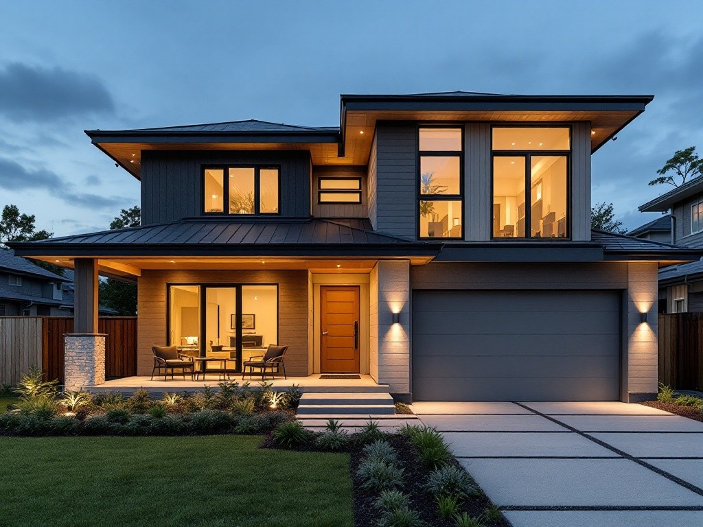 A modern two-story house with a garage and a front porch.