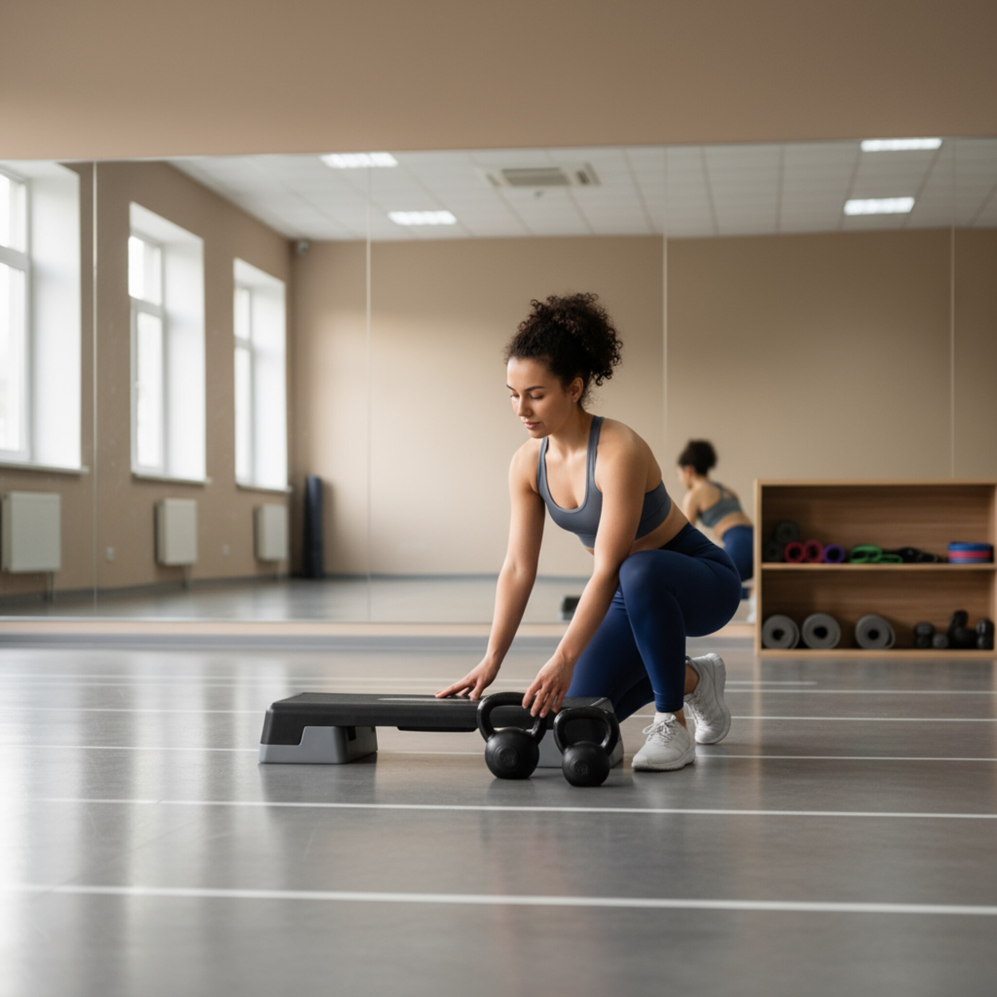 Ein funktionaler Mehrzweckraum mit Spiegelwand und dezent markierten Bodenlinien. Ein Coach stellt ein Step-Board und zwei Kettlebells mittig auf, richtet die Abstände sorgfältig aus. An der Seite liegen sauber gestapelte Matten. Die Stimmung ist fokussiert, geordnet und bereit für den nächsten Kurs.
