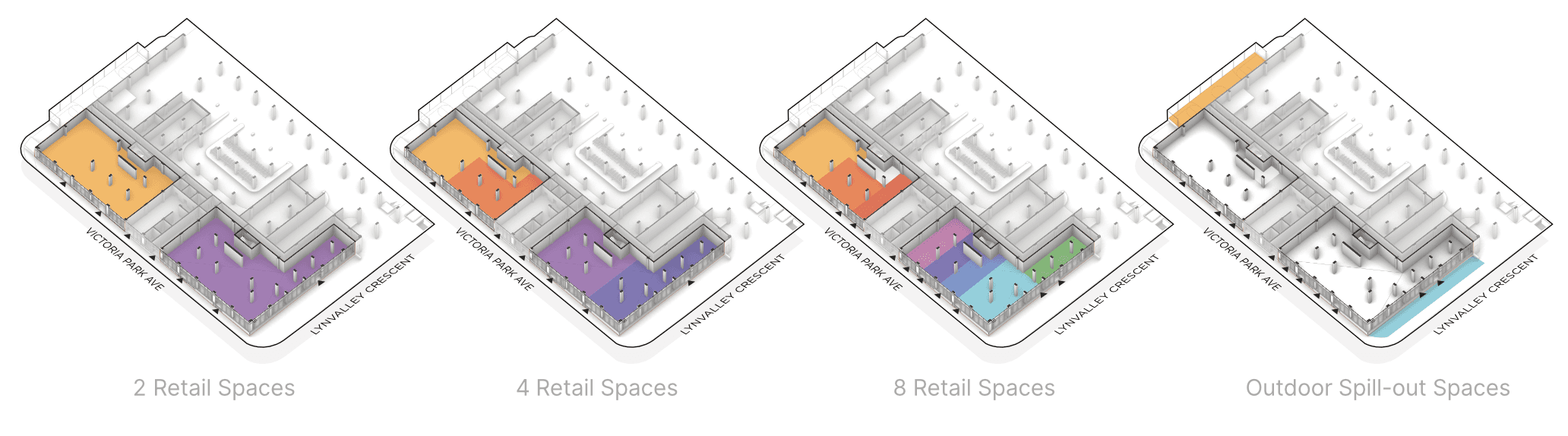 The design of the retail space caters to the needs of the larger community with program such as a daycare or community working space. This is designed through large spill-out spaces and flexible interior layouts which support dynamic uses.