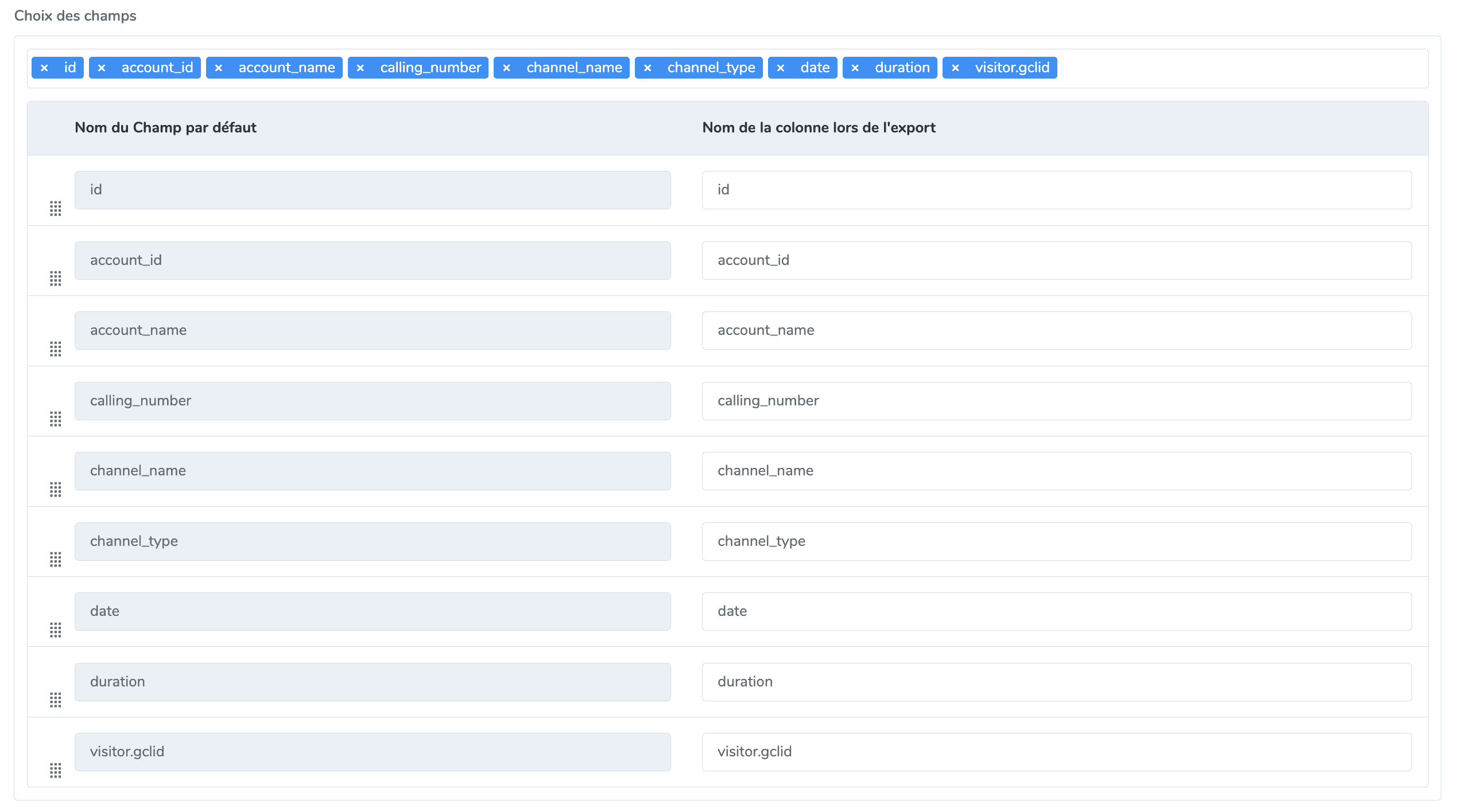Mapping des champs CSV