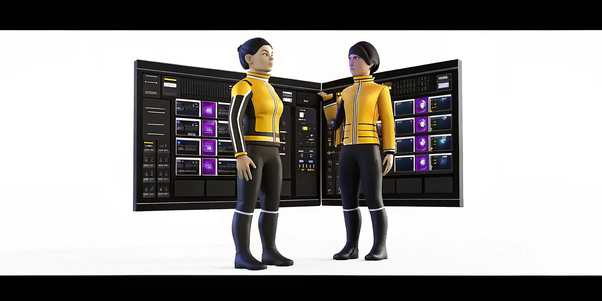A 3D character design studio interface showing customizable avatars with digital clothing and tech dashboard