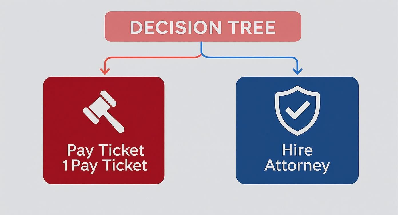 Infographic decision tree comparing paying a traffic ticket versus hiring an attorney.