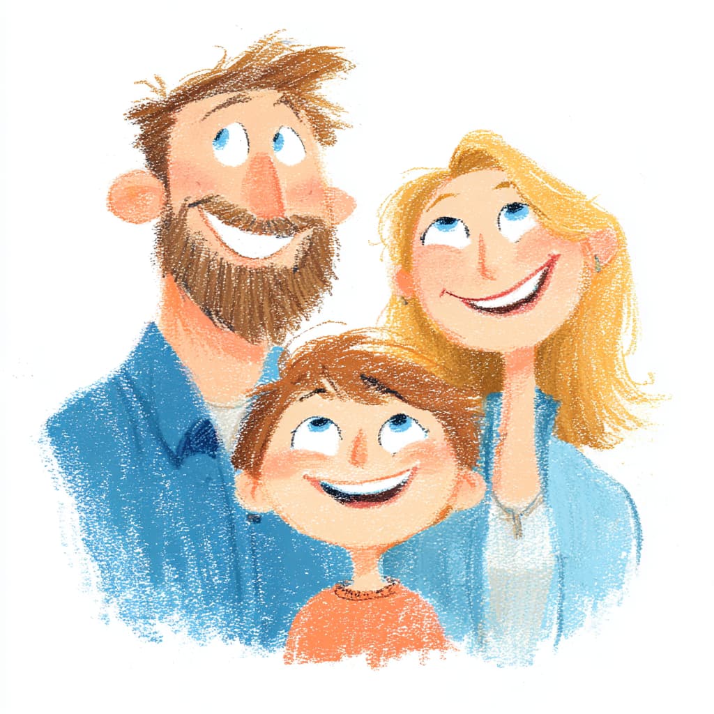 Illustration einer Familie zu Hause nach der Session – lachend, leicht, von einem warmen Leuchten umgeben.