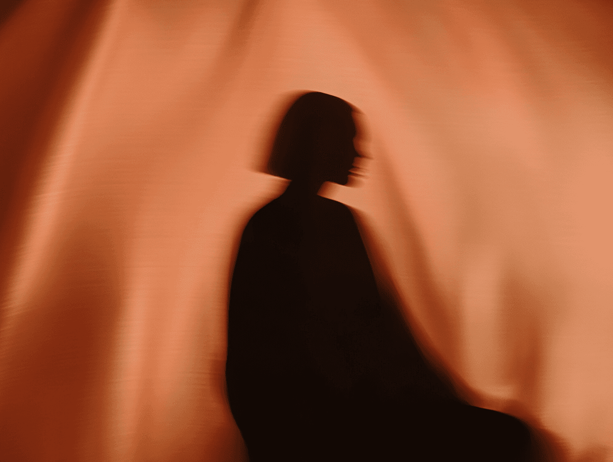 Silhouette of a woman against a dark brown silk background.