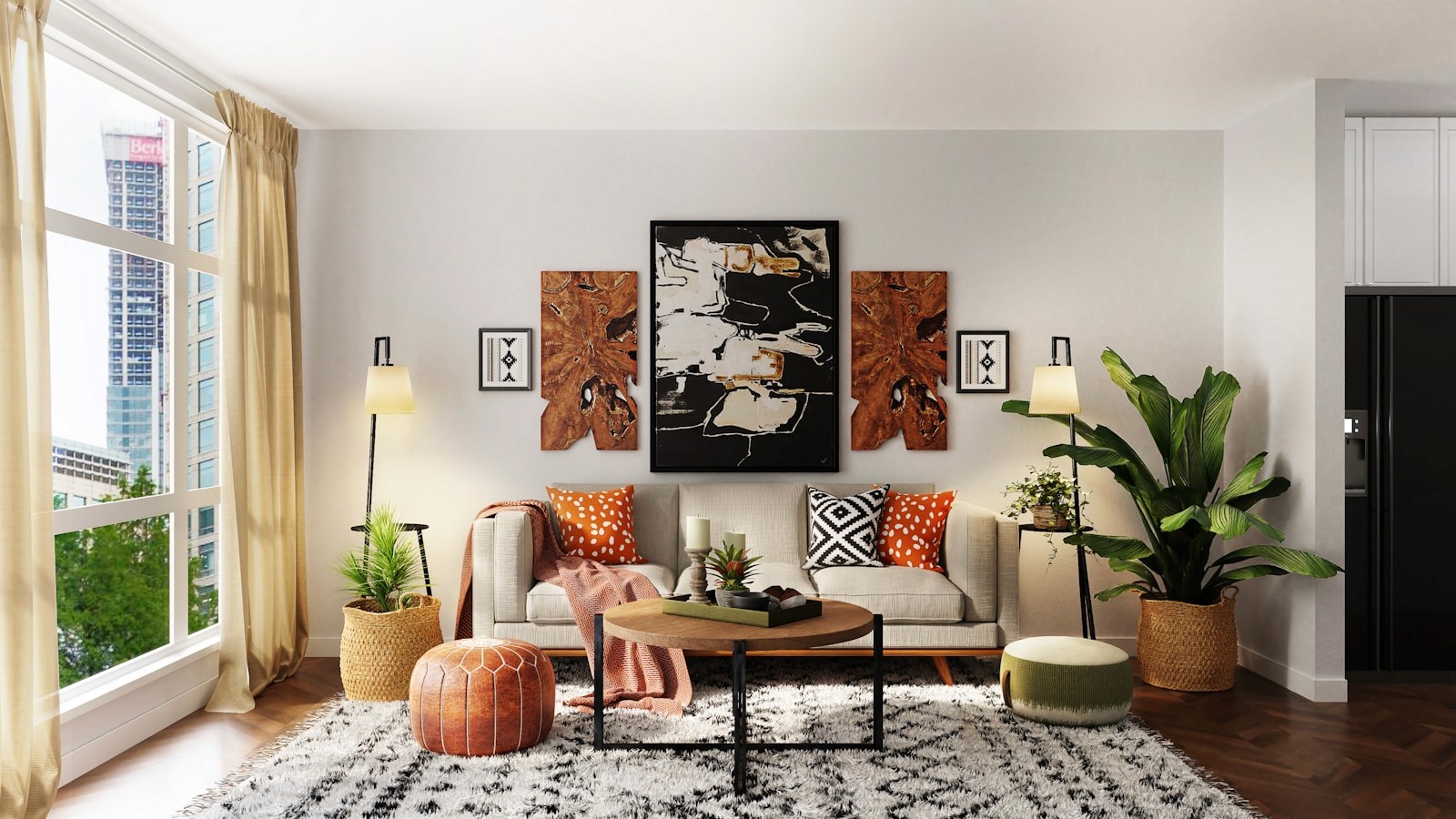 Living room with layered warm colors and natural light