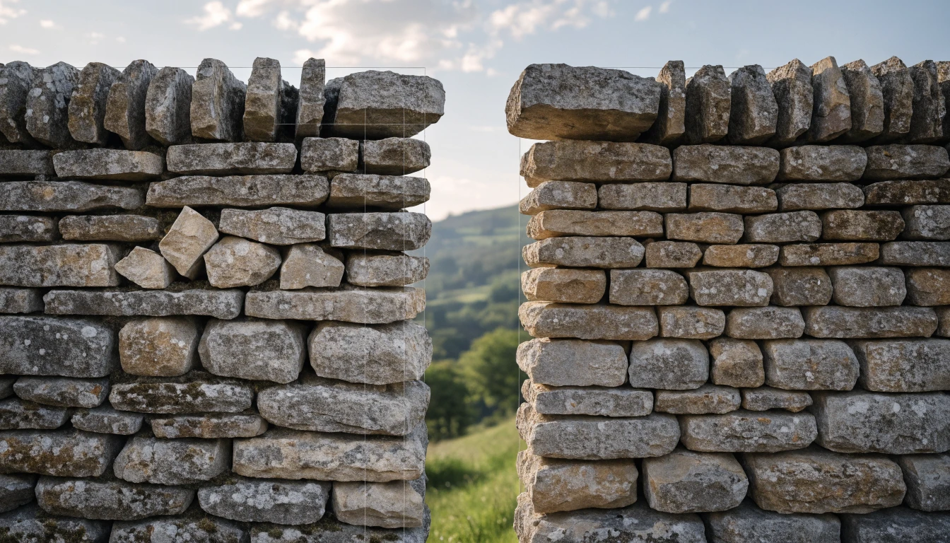 side-by-side comparison of a Cotswold dry stone wall showing a small localised repair versus a full rebuild, with labelled layers like hearting, through-stones, and coping