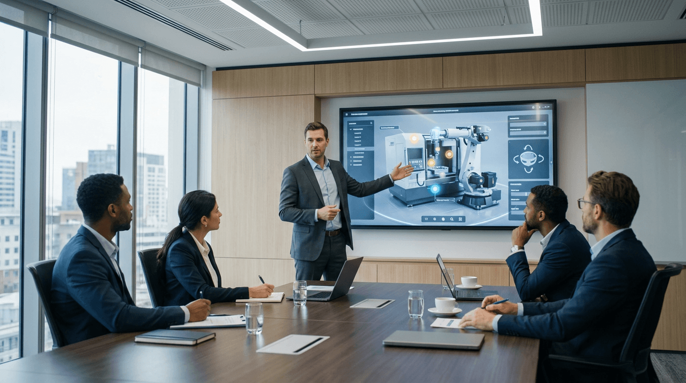 OEM sales team presenting a digital twin visualization experience to clients in a conference room — Penguincil Design