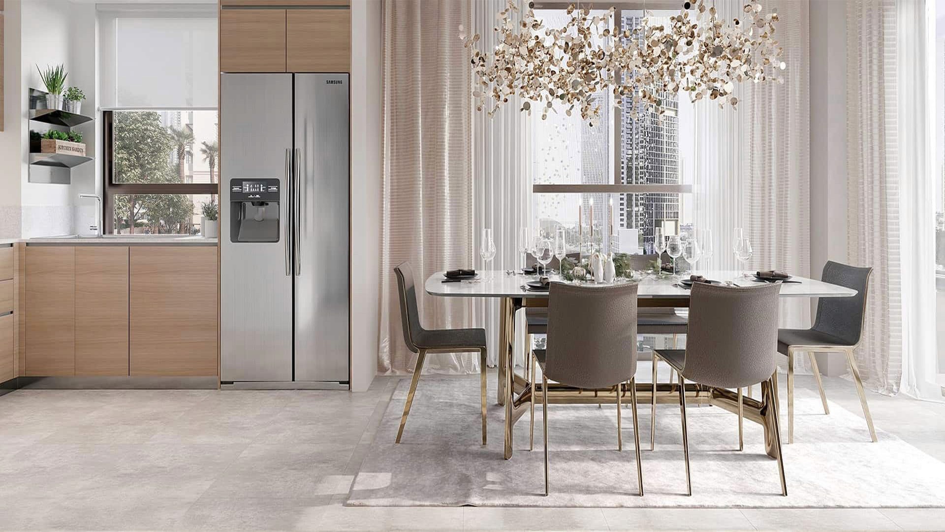 Contemporary living room with expansive windows and a large table, highlighting the style of Moor by Emaar.