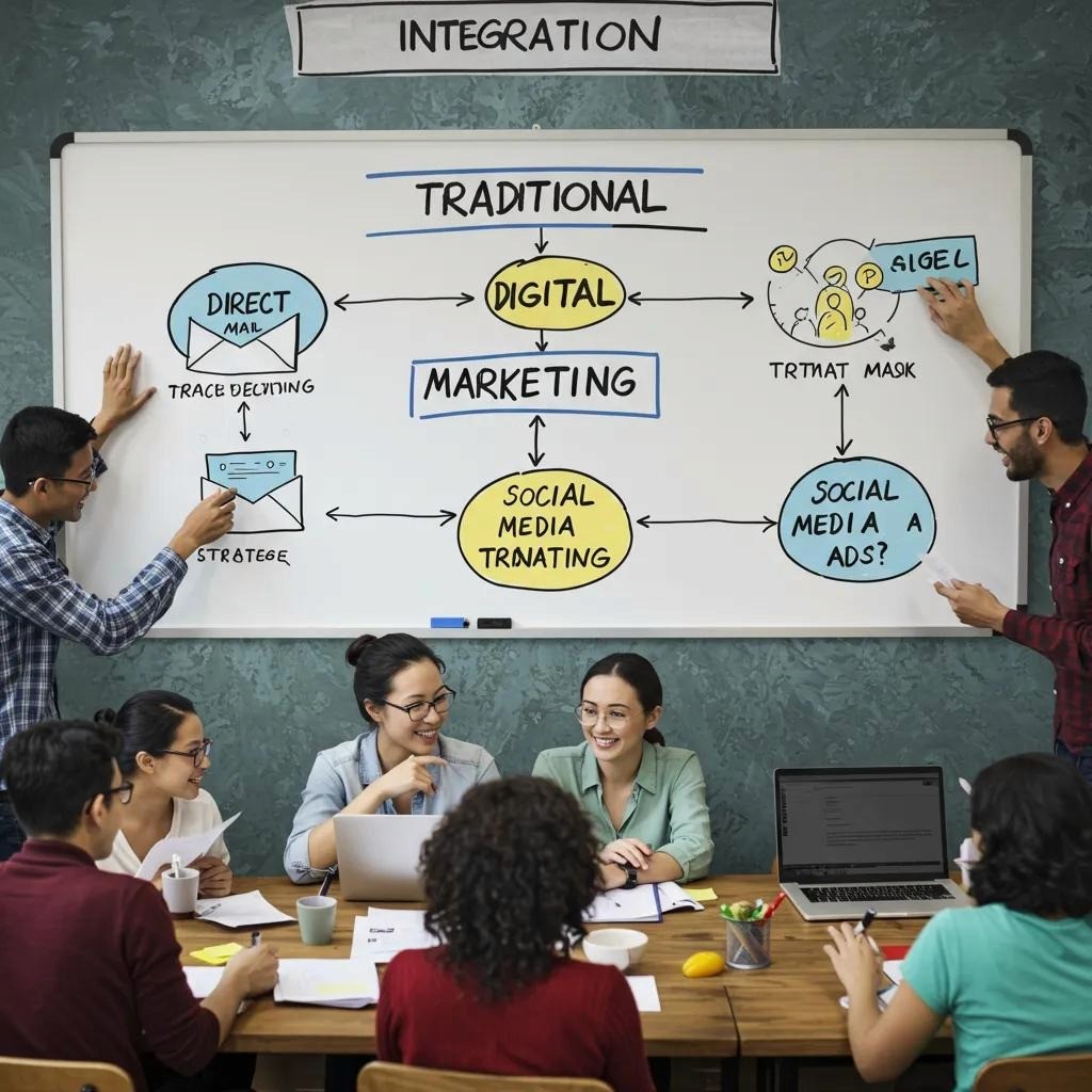 Marketing team collaborating on integrating traditional and digital marketing strategies
