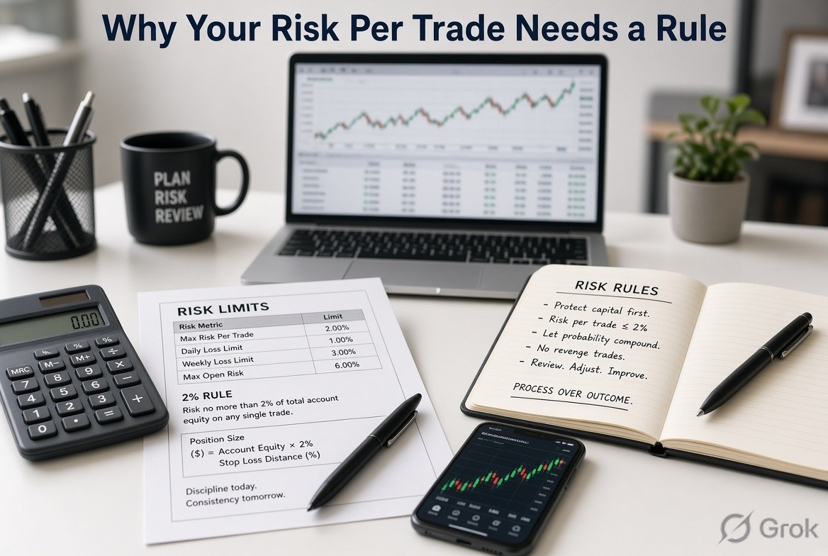 Office desk with a notebook and financial charts