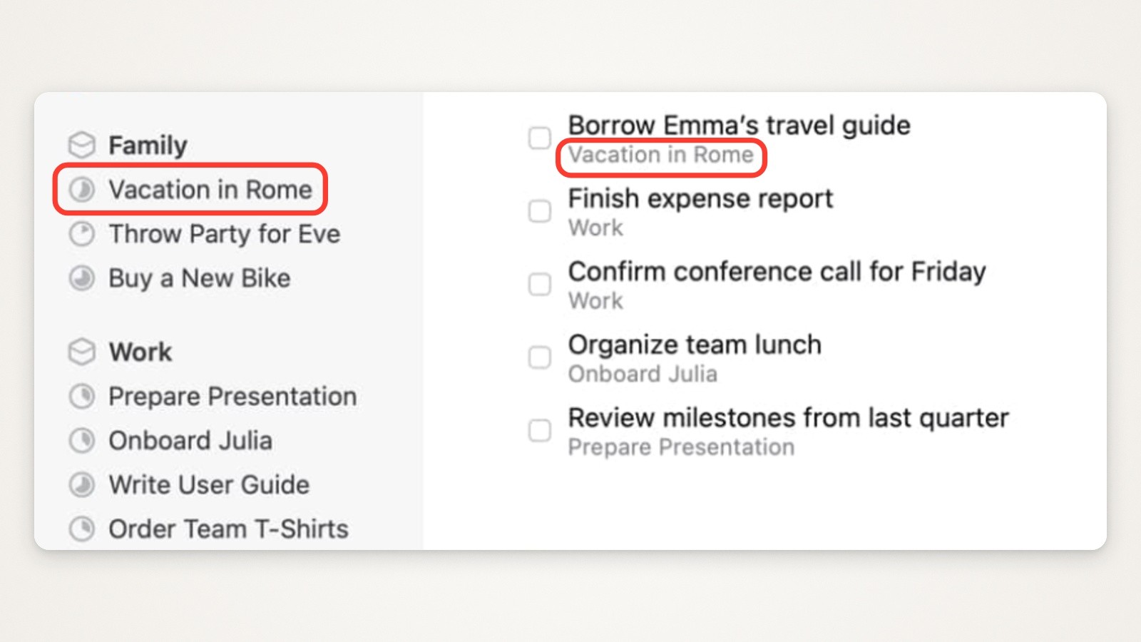 Part of a Things screenshot with the sidebar project Vacation in Rome boxed in red, and the same project name boxed under the to-do Borrow Emma’s travel guide