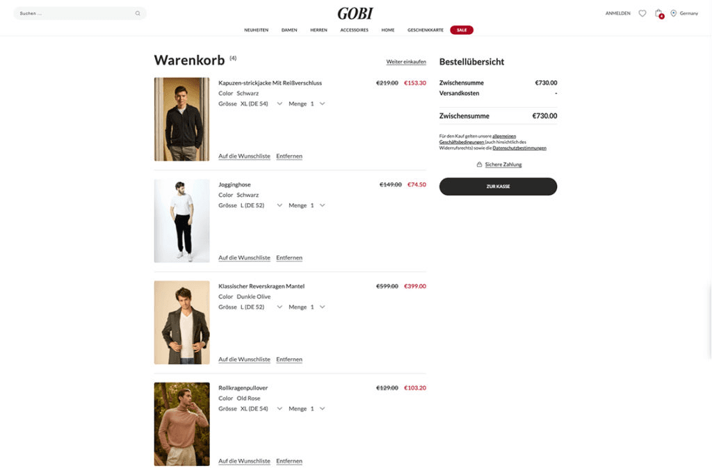 Screenshot Gobi checkout Seite Anpassungsmöglichkeiten
