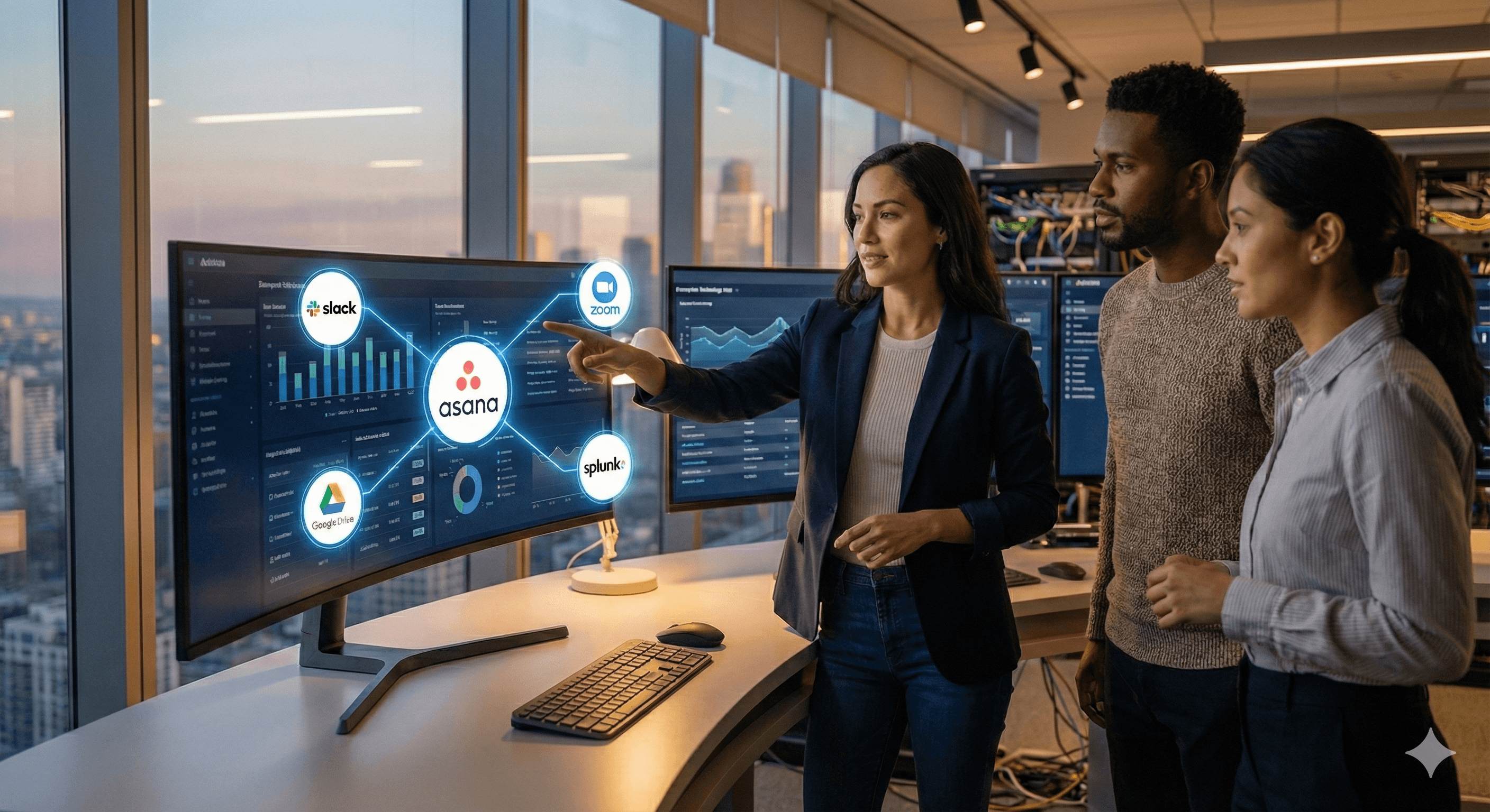 Three professionals collaborate in a modern office with a large screen displaying Asana app integrations, including Slack, Zoom, Google Drive, and Splunk, emphasizing teamwork and technology.