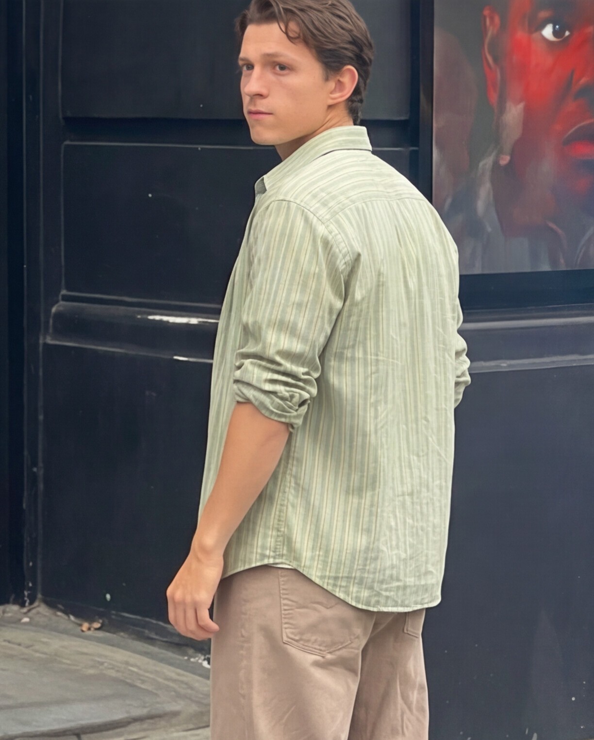 Sage Striped Shirt with Beige Trousers