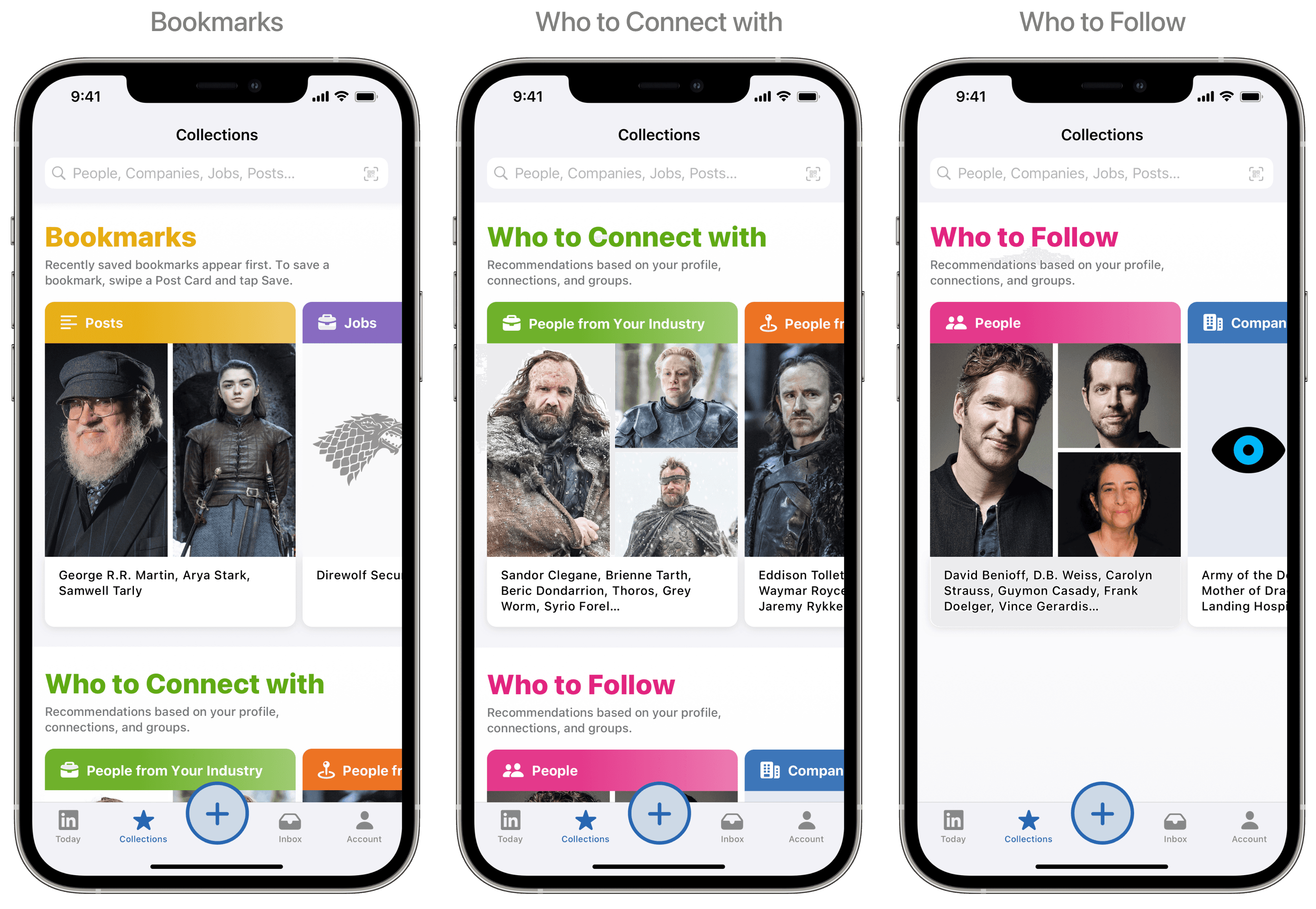 LinkedIn Collections sections for Bookmarks, Who to Connect with, and Who to Follow