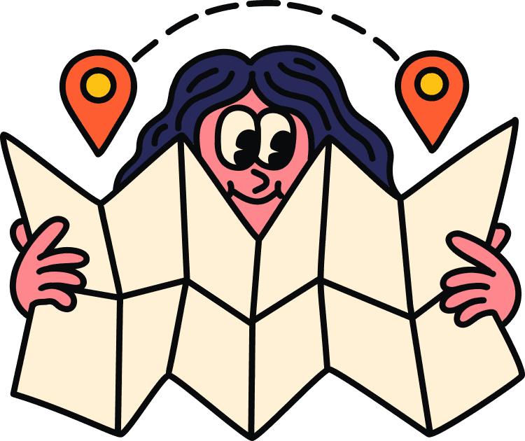 Illustrated character peering over a folded map with orange location pins.