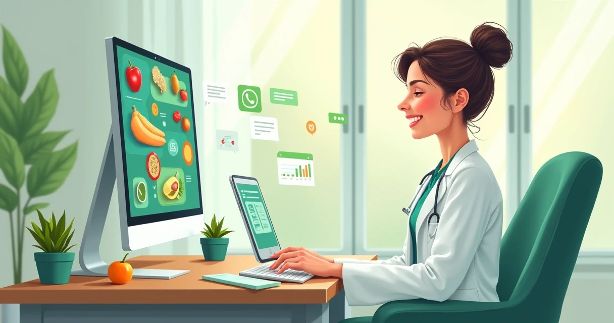 Ilustração de nutricionista usando IA no computador no consultório 