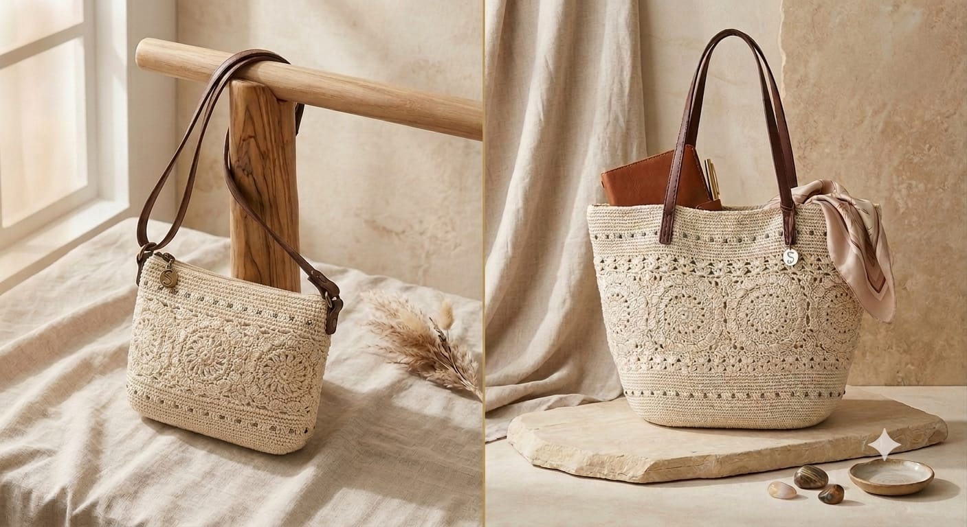Crochet handbag collection with brown leather handles
