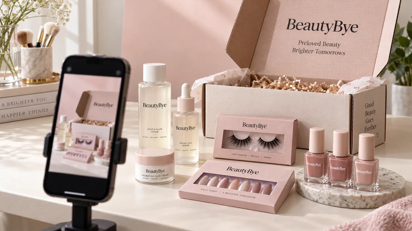 BeautyBye professional beauty products arranged for a marketplace listing photograph