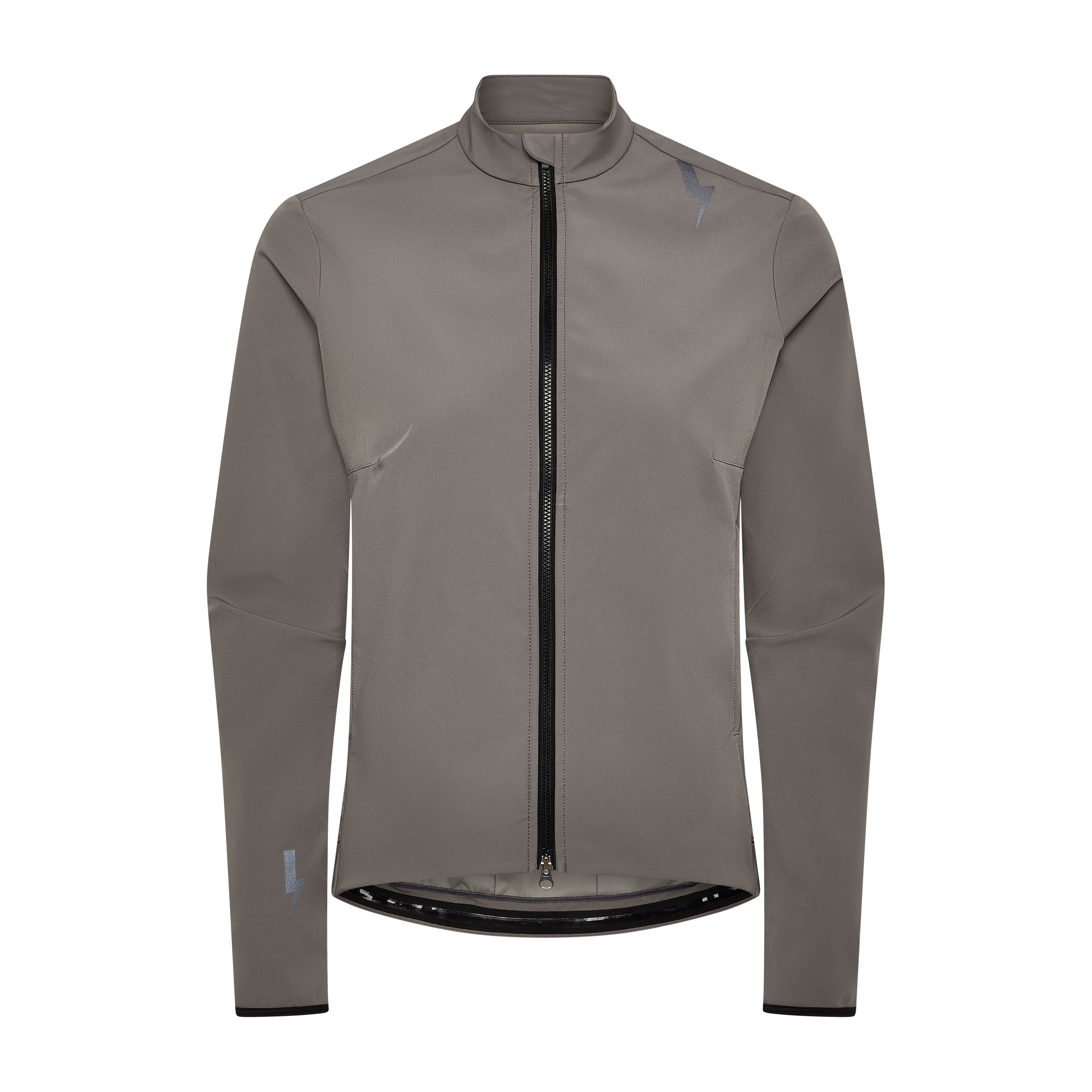 Front-studio-shot-of-the-taupe-grey-Luca-cycling-jacket-against-a-white-background-The-jacket-features-a-full-black-zpper-a-reflective-lighting-bolt-sign-on-the-shoulder-and-a-smaller-reflective-lighting-bolt-on-the-lower-left-cuff-it-has-a-high-collar-and-tailoed-sleeves
