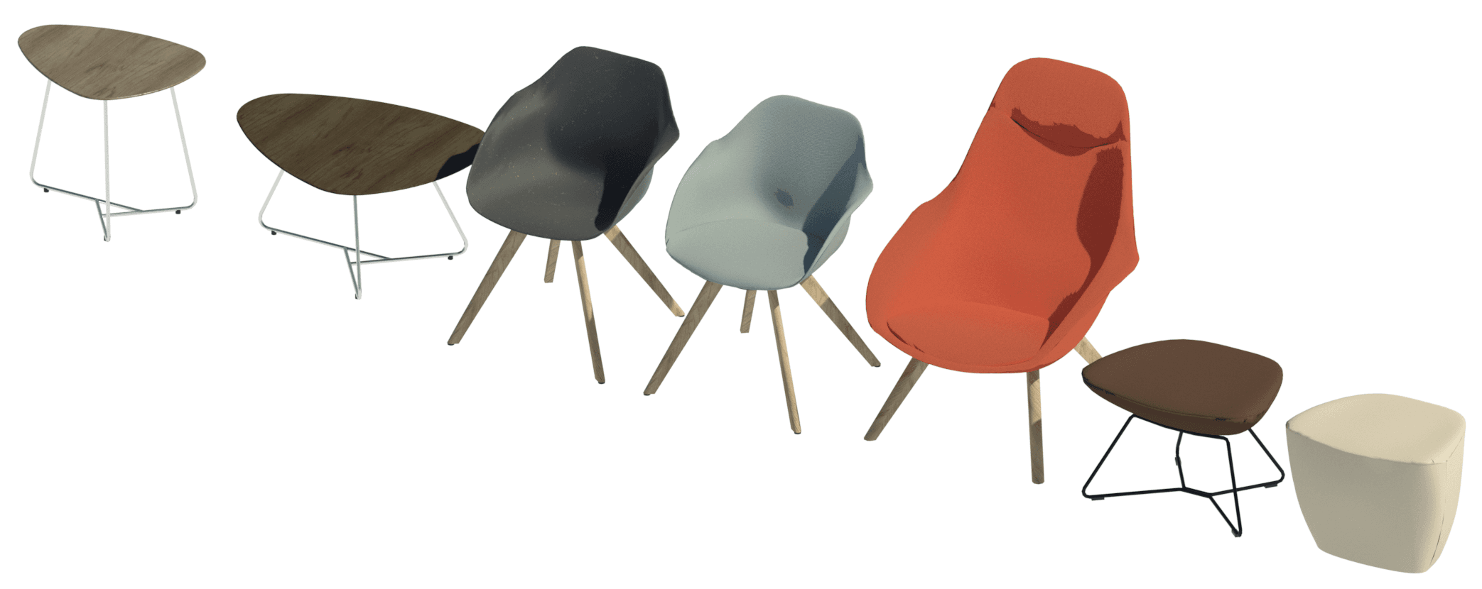 Revit render showing the default items within the Yonda range – tables, chair, conference chair, lounge chair, ottoman and stool.