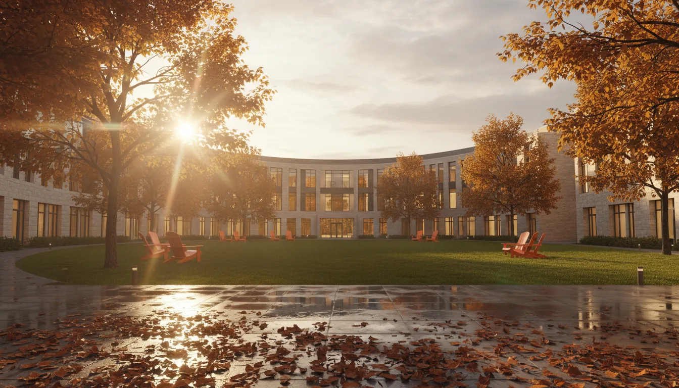Photorealistic 3D architectural visualization in the style of Lumion or Twinmotion, depicting a modern university courtyard during a late autumn afternoon. The scene features a curving, multi-story building with a light-colored stone facade and large, warmly lit glass windows surrounding a central green lawn. Bright orange Adirondack chairs are scattered on the grass. Mature trees with golden-brown leaves are prominent, with the sun creating strong volumetric god rays and lens flare through the branches on the left. A wet stone patio in the foreground is covered with fallen leaves, creating reflections. The overall lighting is golden hour, casting long, soft shadows and creating a serene, inviting atmosphere. Wide-angle, eye-level perspective.