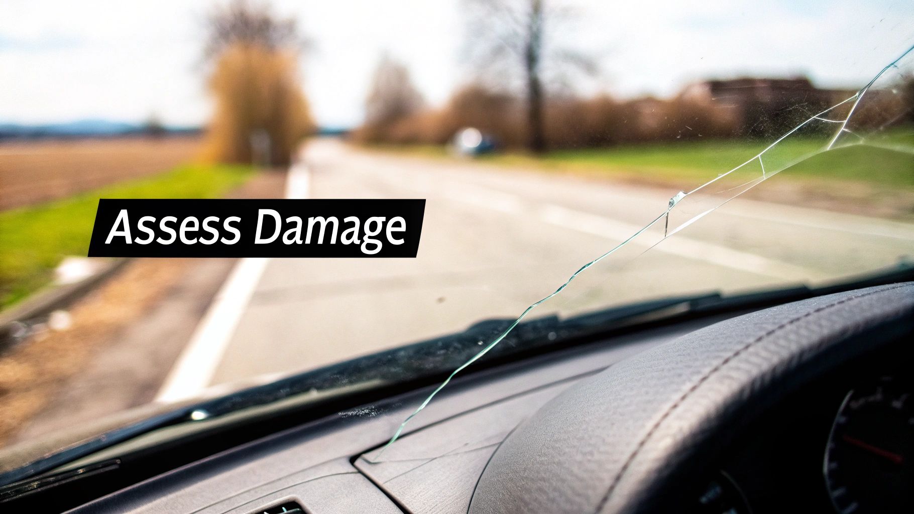 View from inside a car of a severely cracked windshield with 'Assess Damage' text overlay.