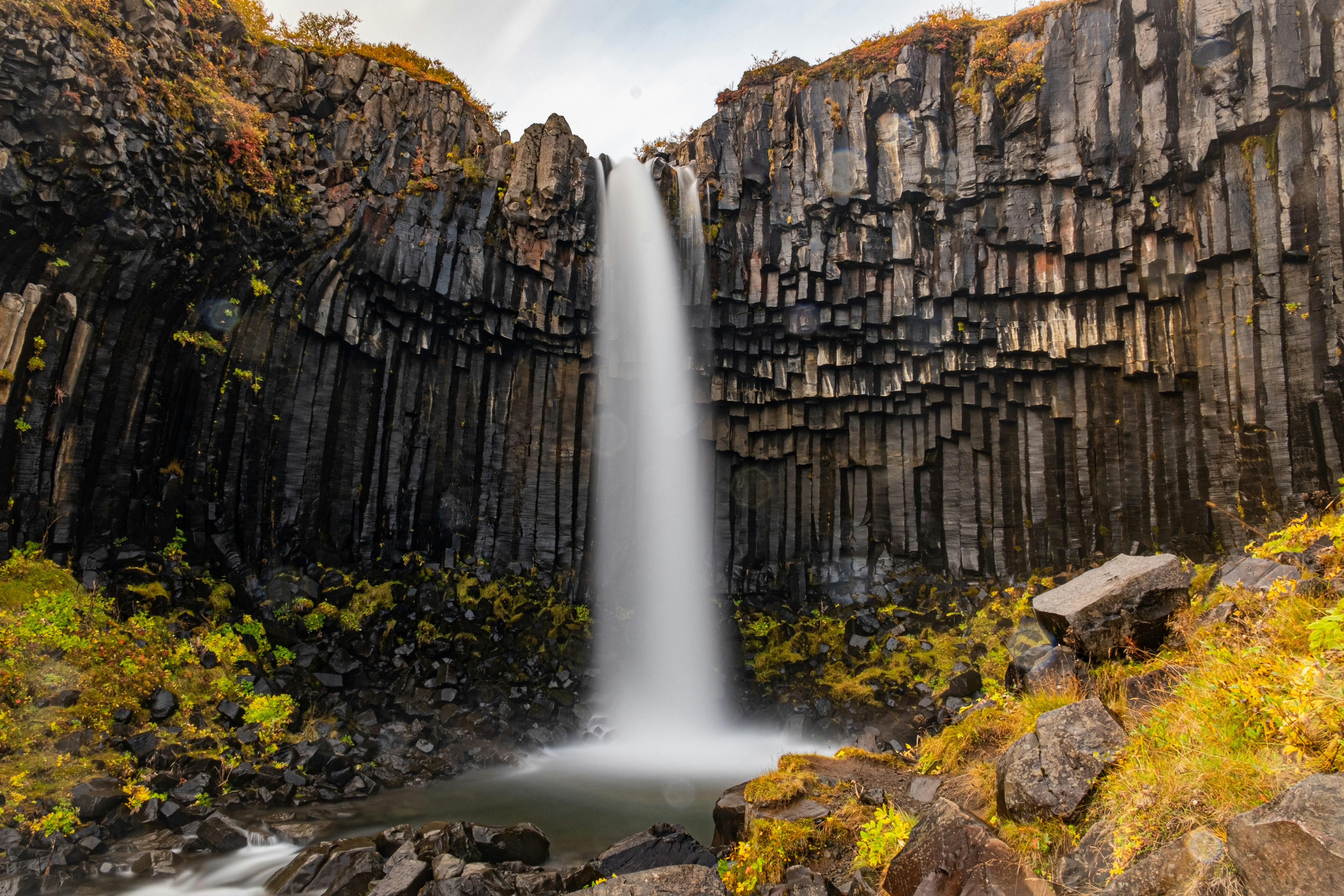 Svartifoss Waterfall framed by basalt columns and autumn foliage.