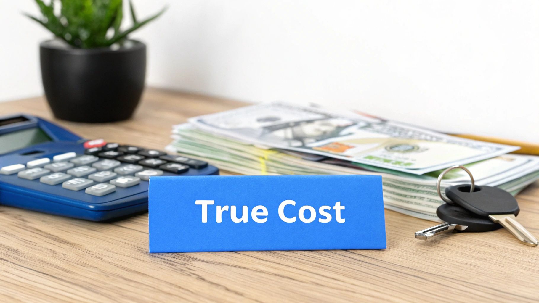 A blue sign reading 'True Cost' on a desk with a calculator, money, and car keys, representing financial assessment.