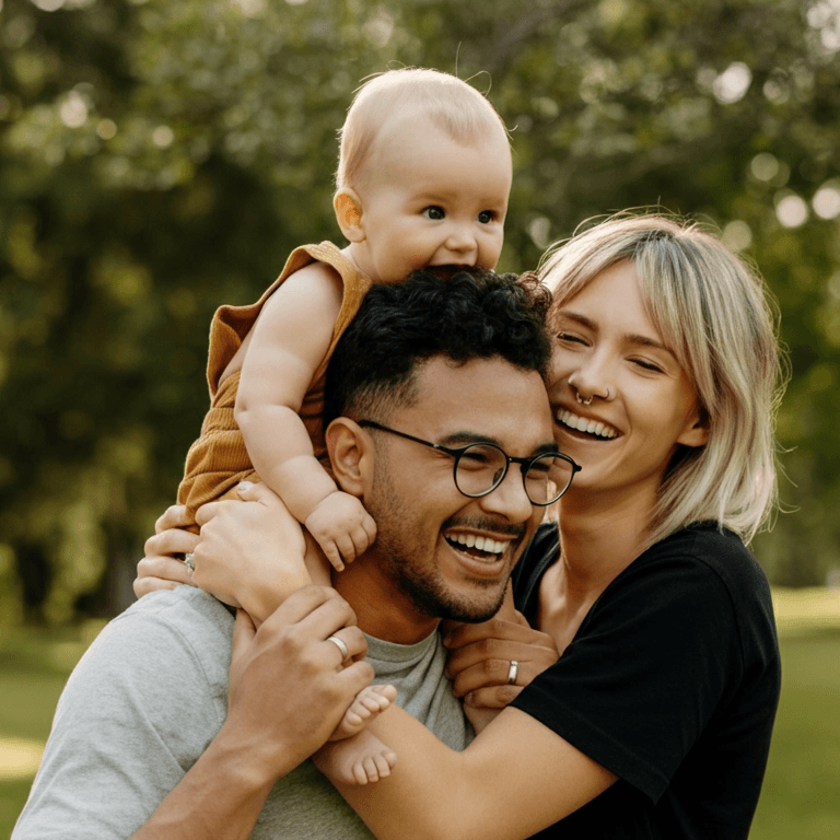 A joyful family moment is captured as a man and woman, both smiling, playfully embrace while a happy baby clings onto the man's shoulders, set against a lush, green outdoor backdrop.