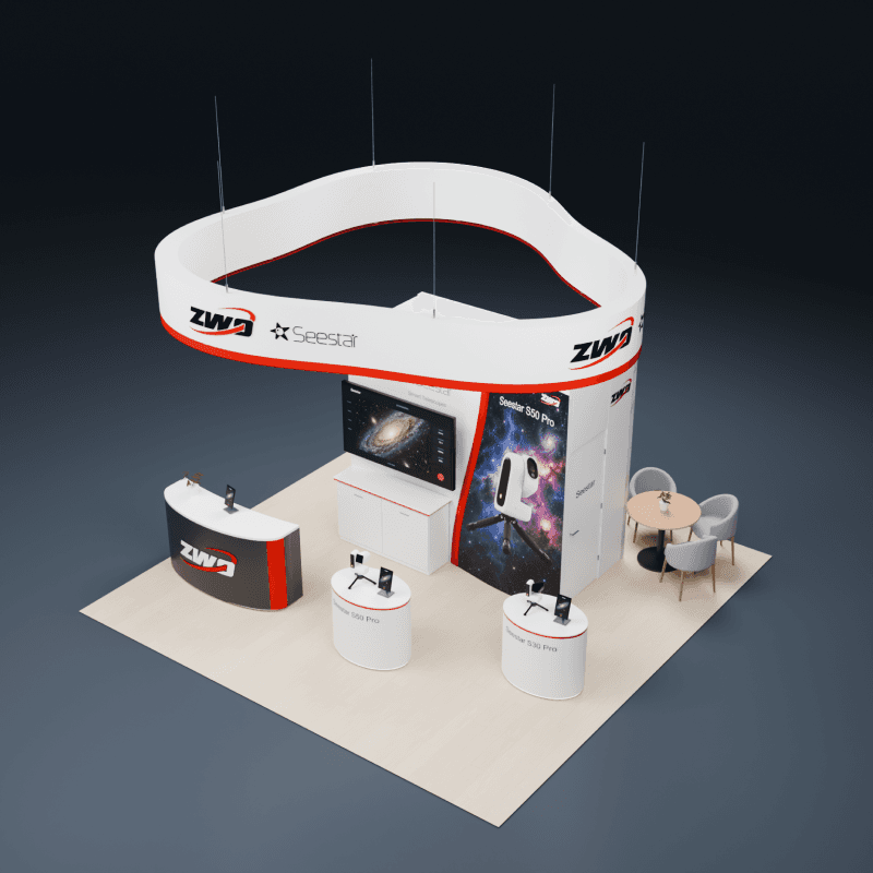 20x20 consumer technology booth with telescope displays, astronomy screen, and buyer meeting space