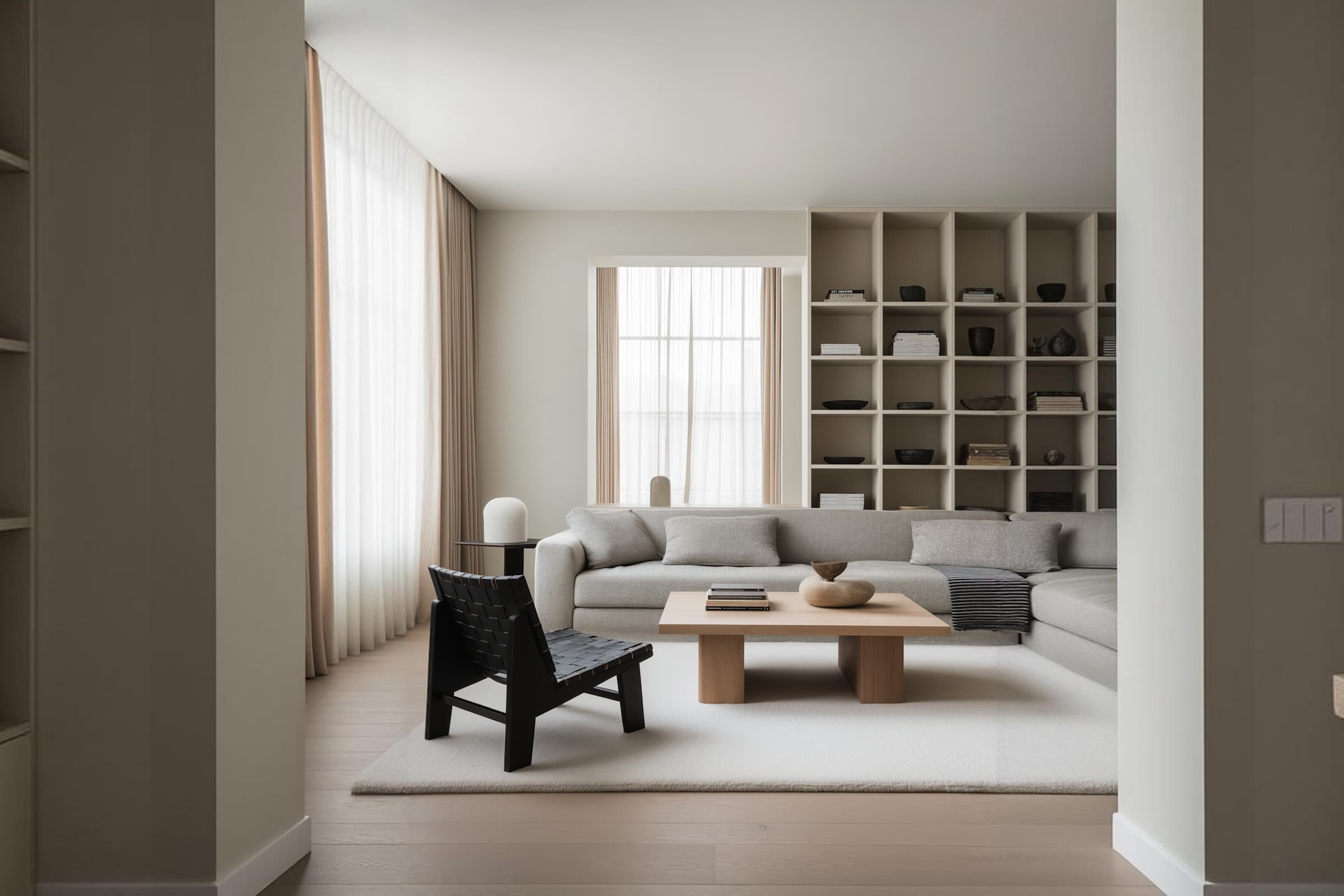 A modern, minimalist living room features a large grey sectional sofa, light wood coffee table, black woven chair, and a backdrop of floor-to-ceiling shelves filled with decorative objects, all softly illuminated by natural light through sheer curtains.