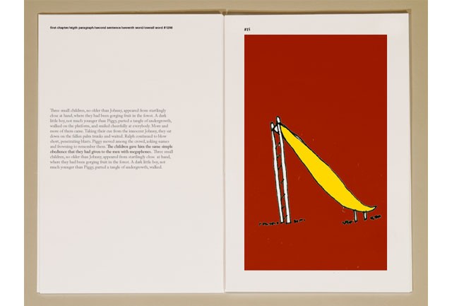 The image shows an open book with a cream-colored page on the left and a red page on the right. The right page contains a black-and-white illustration in the bottom right corner, depicting a stick figure leaning against a pole with a yellow, curved shape extending from its hand. The background of the illustration is a solid red color. The page number "153" is visible in the top right corner of the red page. The left page contains text written in a serif font, which appears to be an excerpt from a book or story.