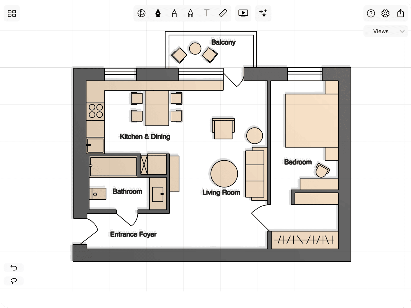 Floor plan of a one-bedroom apartment featuring a living area, kitchen, bathroom, and bedroom layout in the uMake app