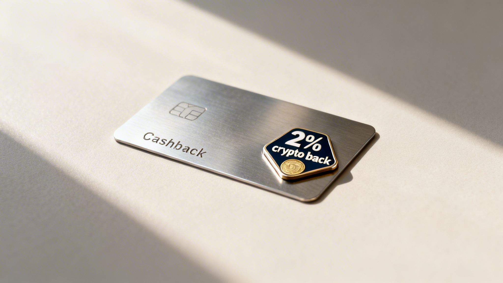 A sleek silver credit card displaying 'Cashback' and a '2% crypto back' badge.