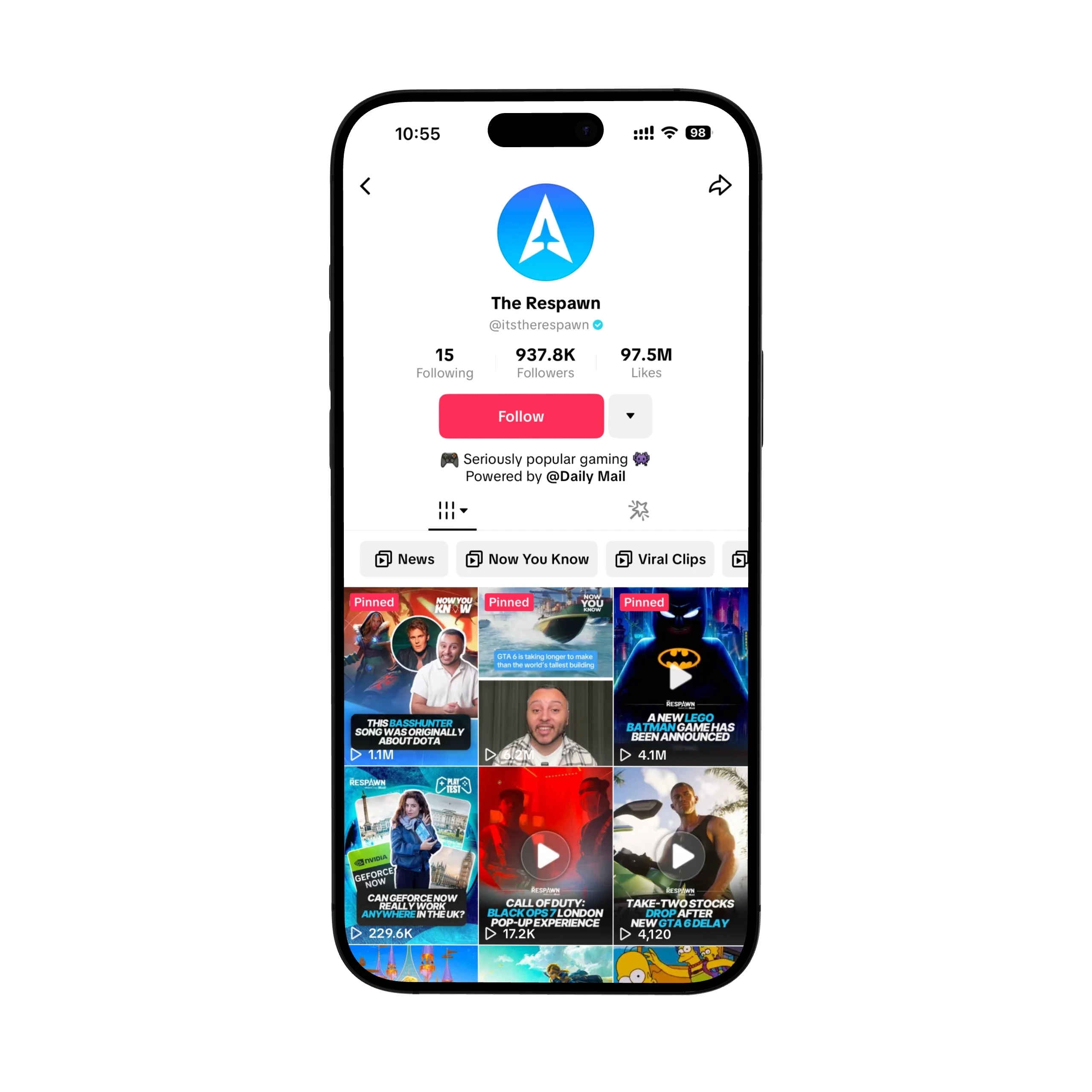 Screenshot of The Respawn TikTok profile with 937K followers, featuring gaming news, viral clips, game reviews, and industry analysis powered by Daily Mail.