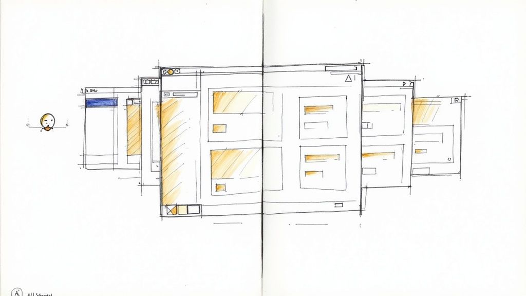 A designer at a desk with multiple screens showing website builder interfaces, comparing elements and layouts.